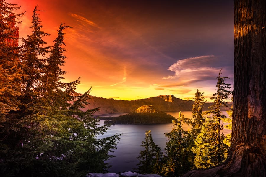 Crater Lake National Park Oregon Crater Lake National Park Wizard Island and Watchman Peak Oregon at Sunset