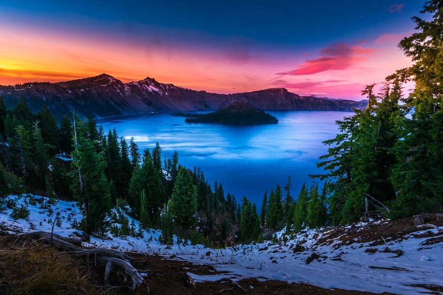 Crater Lake National Park Oregon Cold Winter Sunset Sky